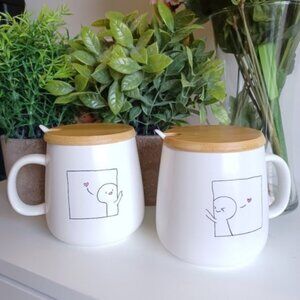 AAI Couple Coffee Mugs | 12 oz | Set of 2 | Ceramic with Bamboo Lid & Spoon